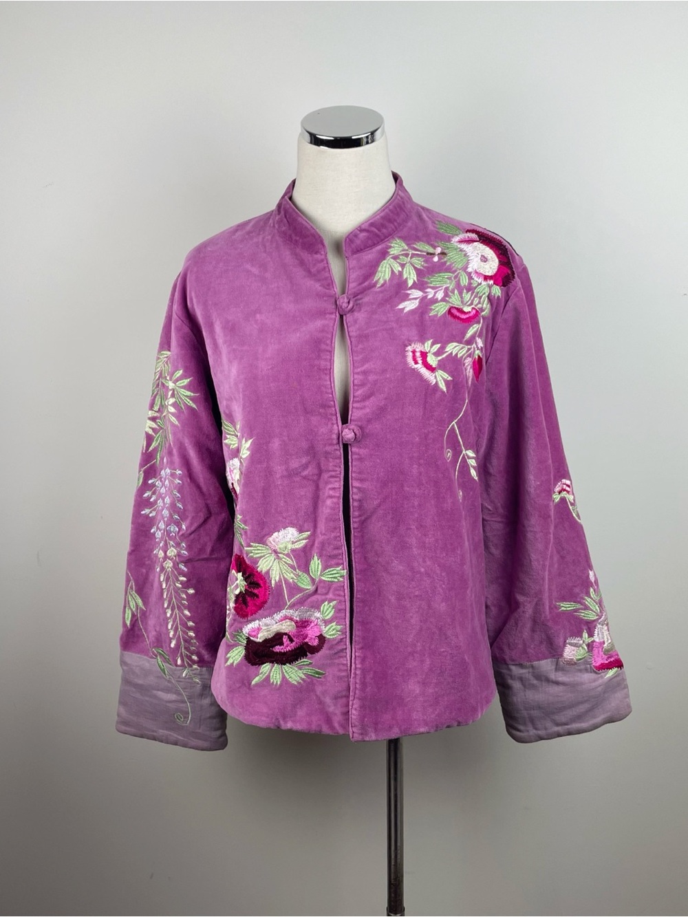 Boston Proper Pink Purple Velvet Floral Embroidered Jacket Women Small Boho